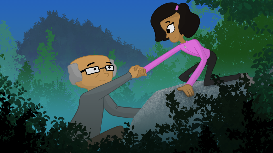 A young woman helping an older man to climb up a rock by grabbing his hand and pulling him up