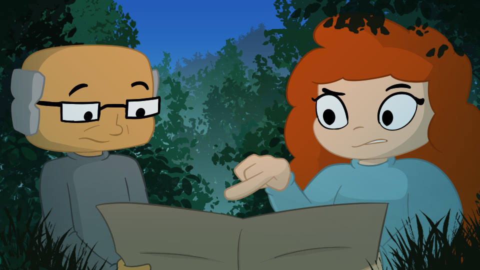The woman and the old man are holding a map as if they are trying to figure out where to go and where they are. She is pointing at the map as if helping him