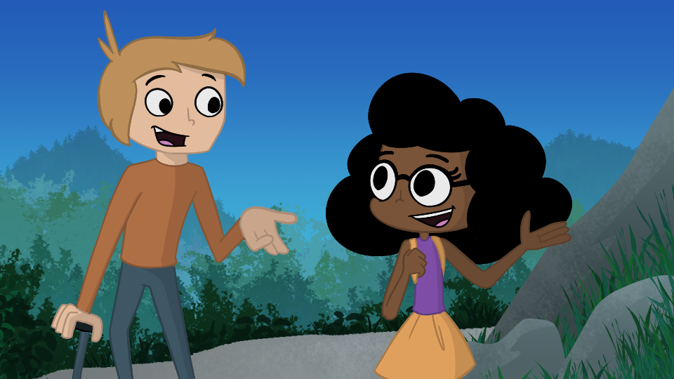 A young man with a walking stick and the young girl are talking as they walk up a path on the mountain together
