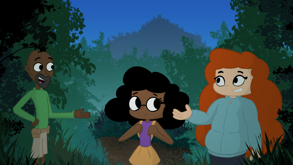A man, a young girl with glasses, and a woman meeting in the forest at the base of a mountain getting ready to hike it together. They are greeting each other. One of them looks nervous but the others seem excited